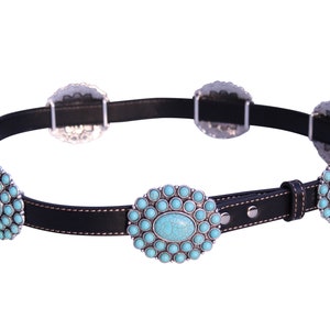 Western Turquoise Flower Metal Concho Leather Belt No.11