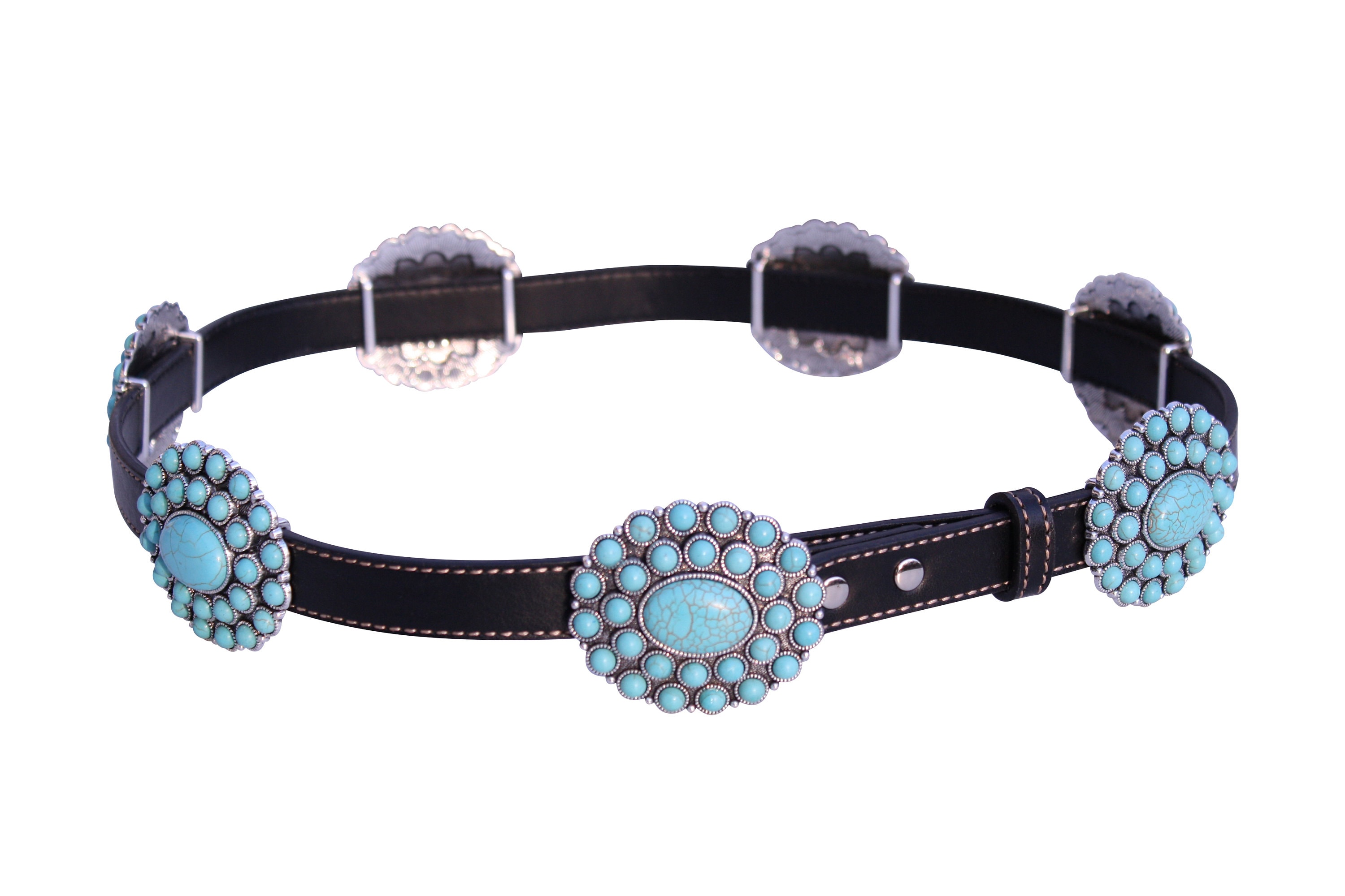 Western Concho Belt Silver Turquoise Leather Tie Boho Cowgirl Stamped Floral It main image 2