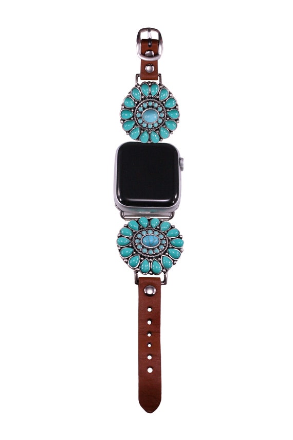 Turquoise Flower Genuine Leather Apple Watch Band - Size 38mm-41mm Amazon.com: 38mm, 40mm, 41mm compatible for Apple Watch  main image 4