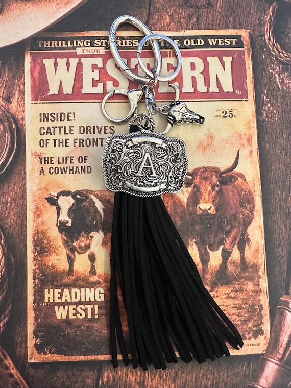 Western Initial Keychain with Tassel – Personalized Cowboy Belt Buckle Bag Charm, Western Gift