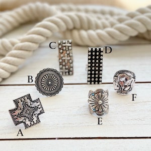 Western Burnish Silver Cross, Concho, Bar, Buffalo Coin Cuff Rings