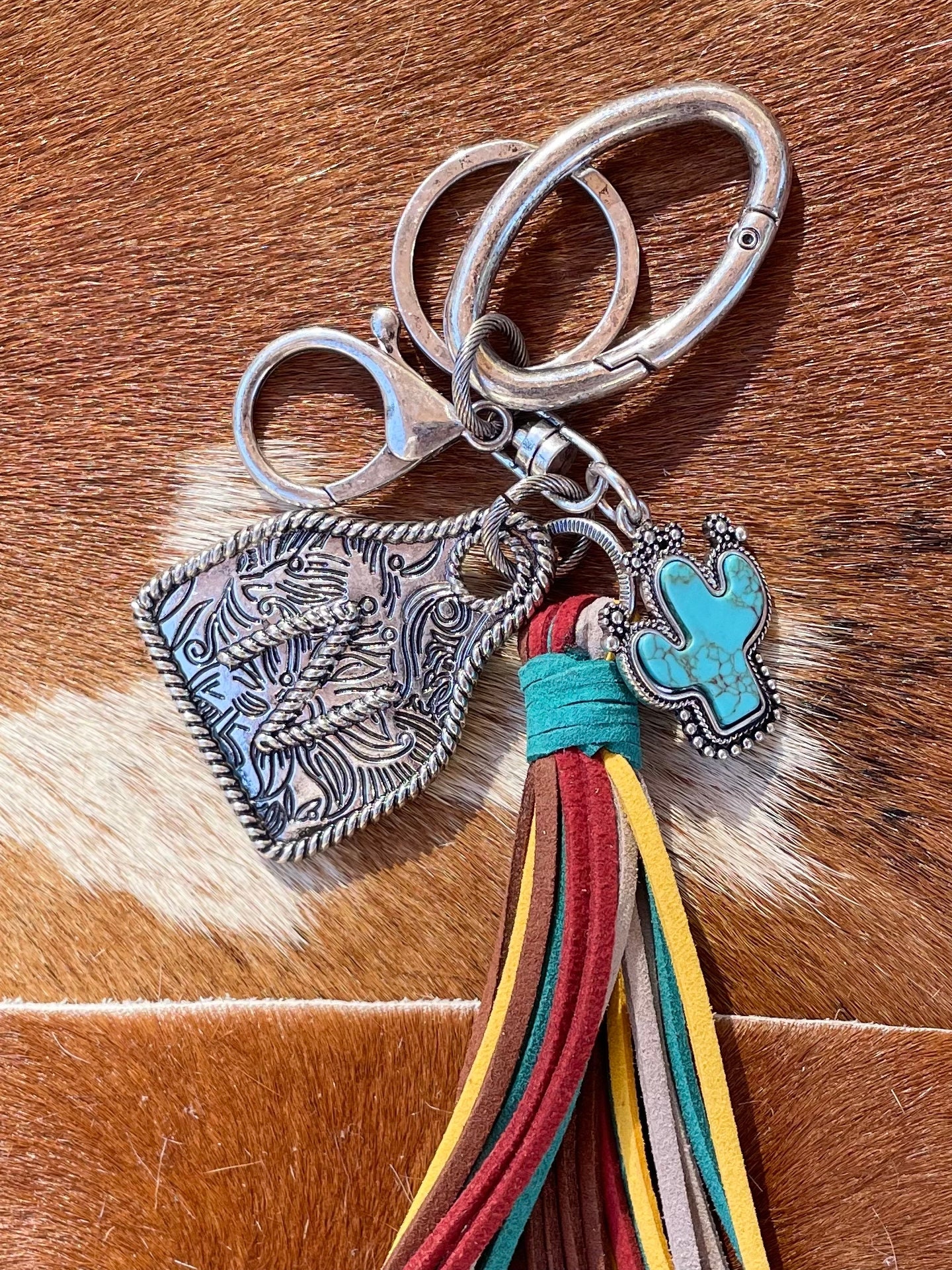 Initial Monogram Keychain/ Turquoise Charm/Initial Cattle Ear Tag Keychain/multi color tassel fringe keychain