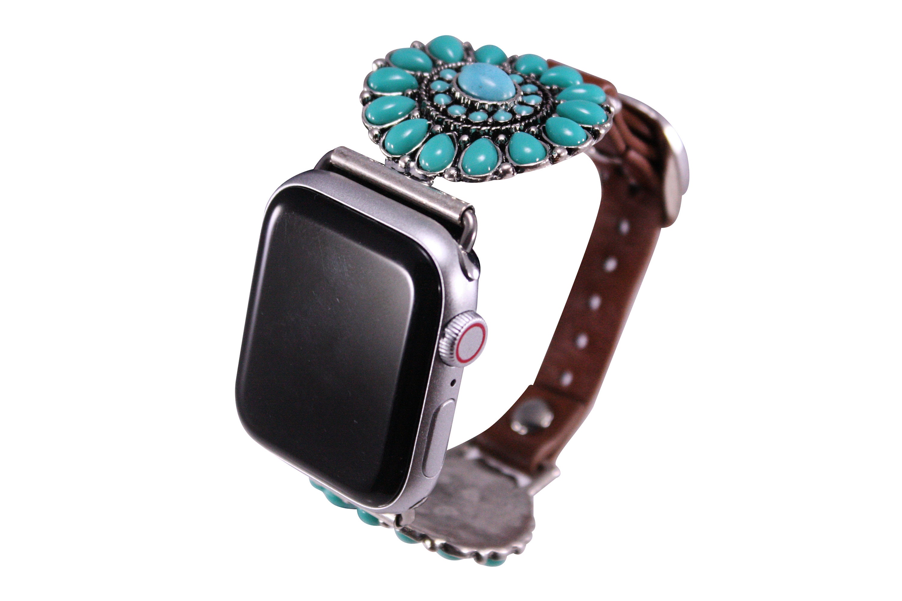 Turquoise Flower Genuine Leather Apple Watch Band - Size 38mm-41mm Amazon.com: 38mm, 40mm, 41mm compatible for Apple Watch  main image 2