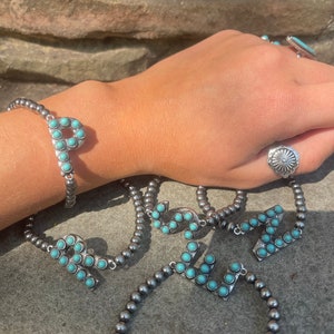Western Turquoise Initial Monogram Stretch bracelets with Navajo Pearls