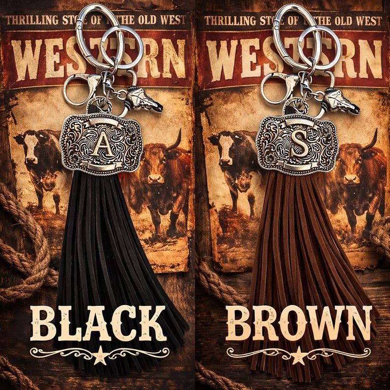 Western Initial Keychain with Tassel – Personalized Cowboy Belt Buckle Bag Charm, Western Gift image 10
