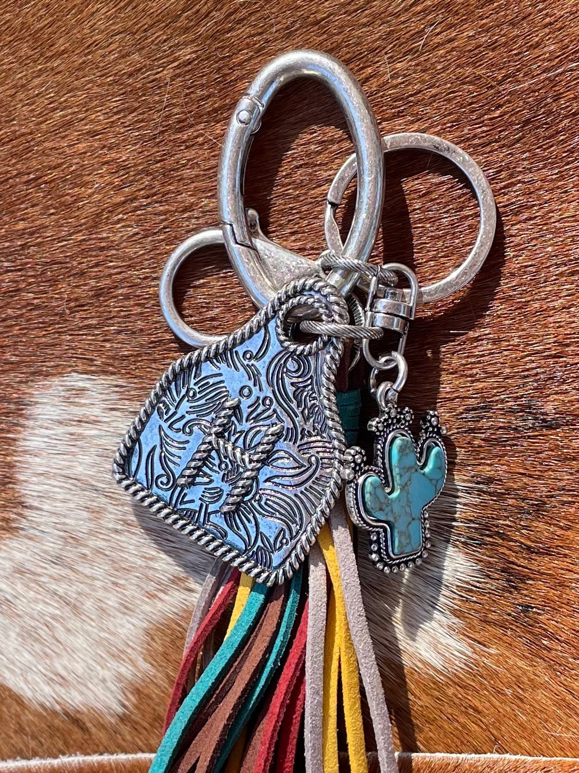 Initial Monogram Keychain/ Turquoise Charm/Initial Cattle Ear Tag Keychain/multi color tassel fringe keychain