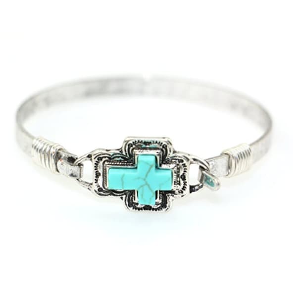 Teal Cross Handmade Beautiful Bangle Bracelet with Wire Design