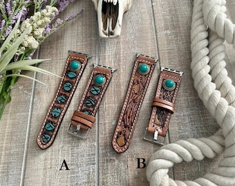 38mm,40mm,41mm,42mm,44mm,45mm Apple Watch Series 10,9,8,7,6,5,4,3, and SE All Versions, Western Hand Tooled Genuine Leather Watch Bands