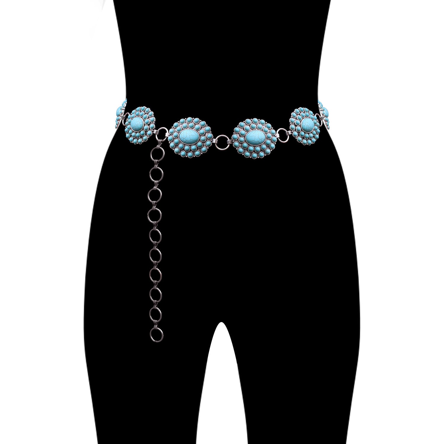 5273 3 Pcs Women Concho Western Chain Belts Turquoise Antique 3 Pcs Women Concho Western Chain Belts Turquoise Chain Belts  main image 3