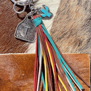 Initial Monogram Keychain/ Turquoise Charm/Initial Cattle Ear Tag Keychain/multi color tassel fringe keychain