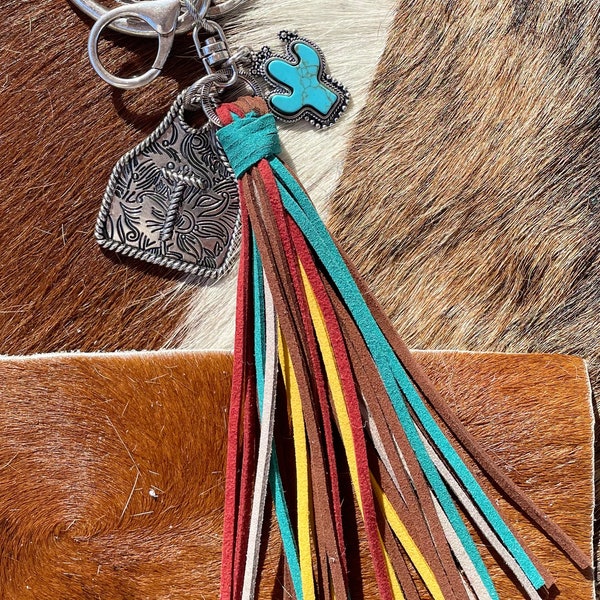 Initial Monogram Keychain/ Turquoise Charm/Initial Cattle Ear Tag Keychain/multi color tassel fringe keychain