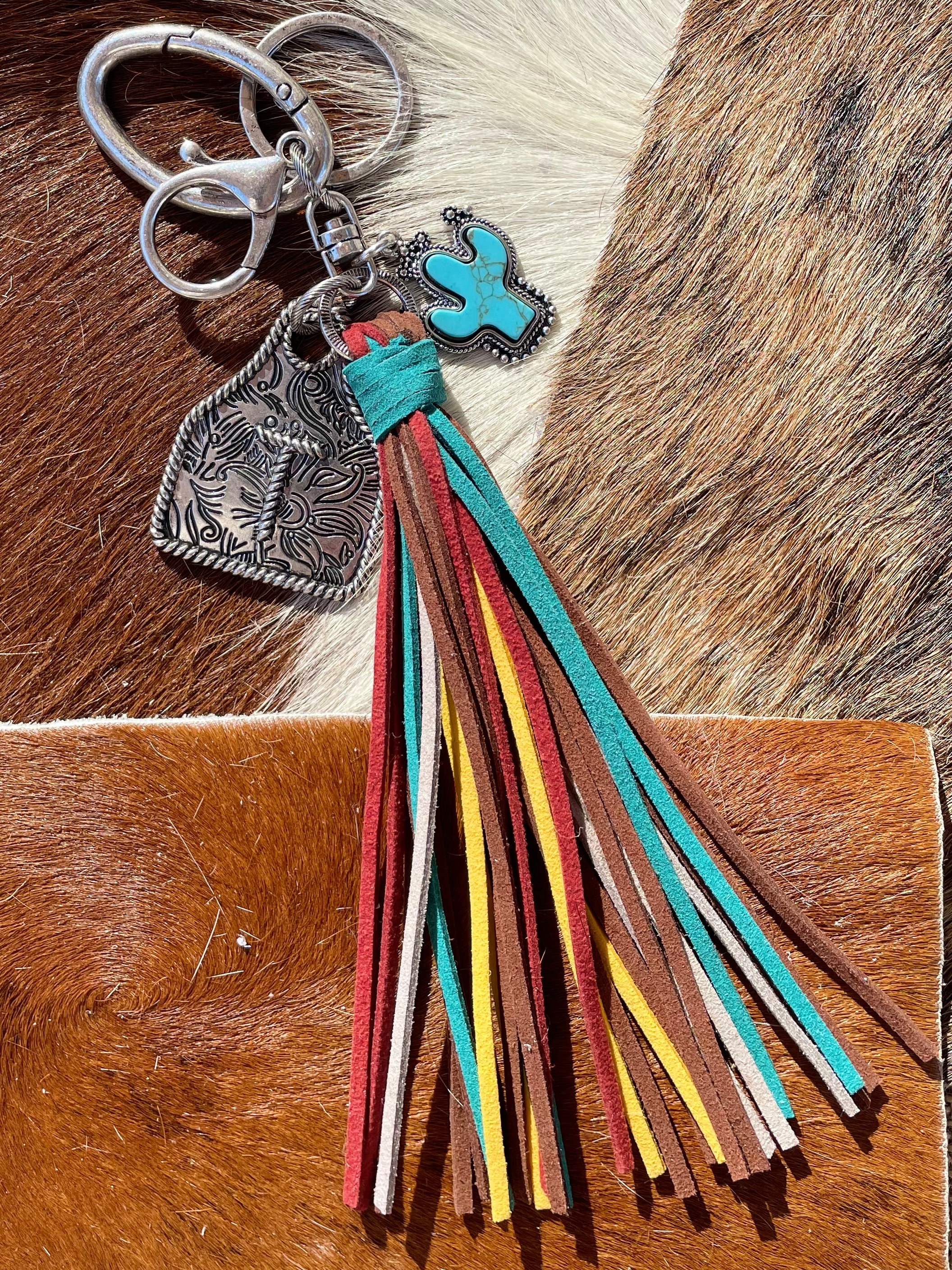 Initial Monogram Keychain/ Turquoise Charm/Initial Cattle Ear Tag Keychain/multi color tassel fringe keychain