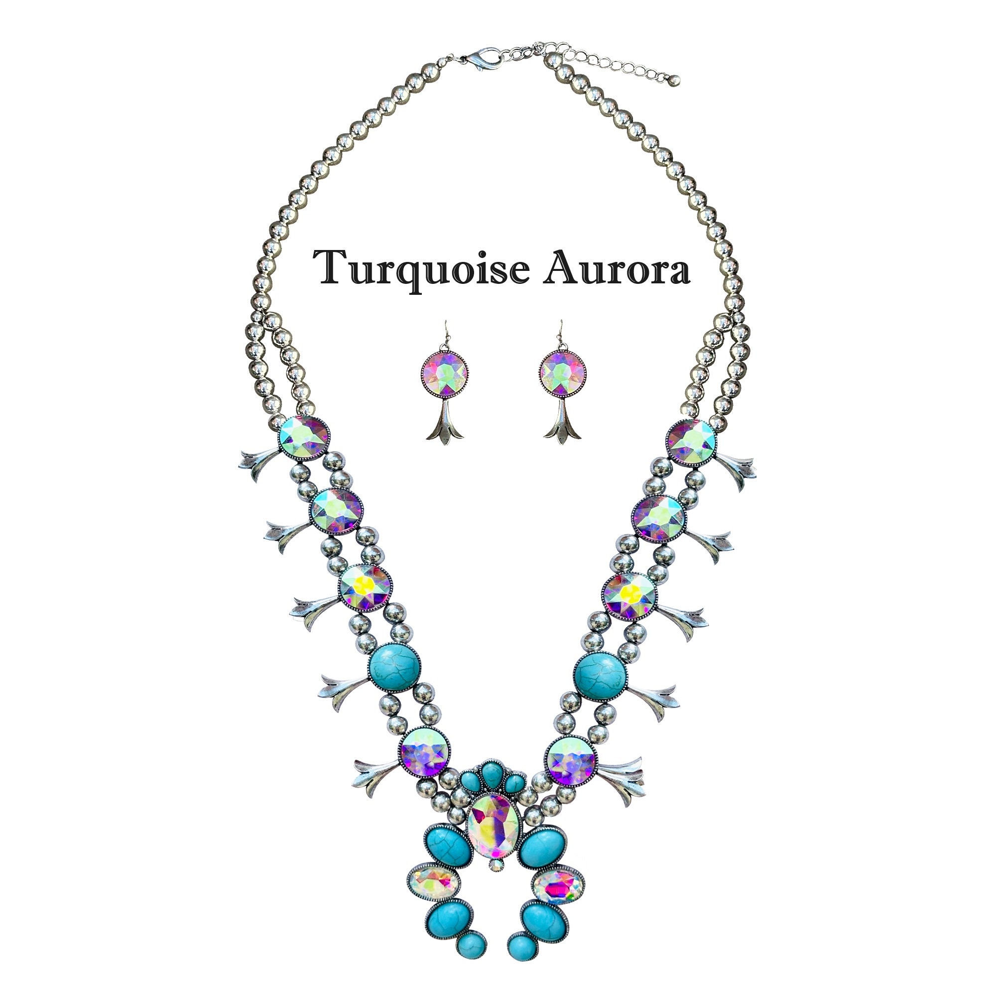 Western Boho Crystal Turquoise Squash Blossom Statement  display picture 1