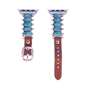 May include: A brown leather Apple Watch band with a silver buckle and turquoise stones.