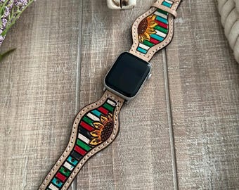 38mm,40mm,41mm,42mm,44mm,45mm Apple Watch Series 10,9,8,7,6,5,4,3, and SE All Versions, Western Hand Tooled Genuine Leather Watch Bands