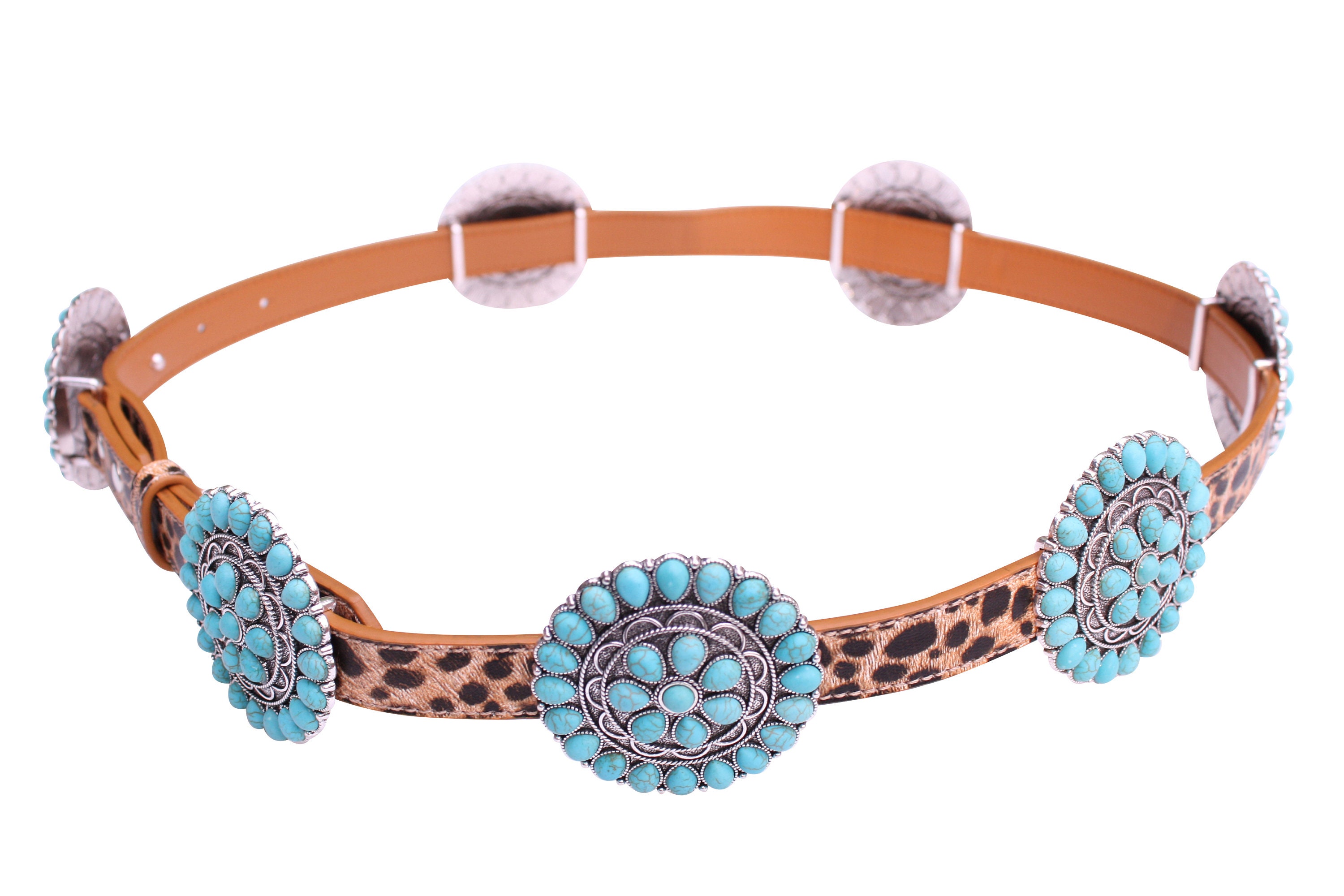 Western Turquoise Metal Flower Concho Serape Leather Belt No.7 (leo, 9263 Affilare Western Genuine Leather Floral Belt turquoise Buck  main image 3