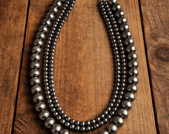 3 Strand Navajo Pearl Necklace, Layered Western Silver Bead Necklace, Adjustable Cowgirl Statement Jewelry