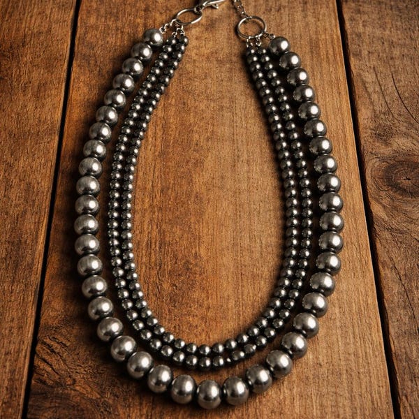 3 Strand Navajo Pearl Necklace, Layered Western Silver Bead Necklace, Adjustable Cowgirl Statement Jewelry