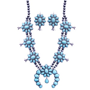 Turquoise Vintage Squash Blossom Metal Statement Necklace/w Earrings No.1062