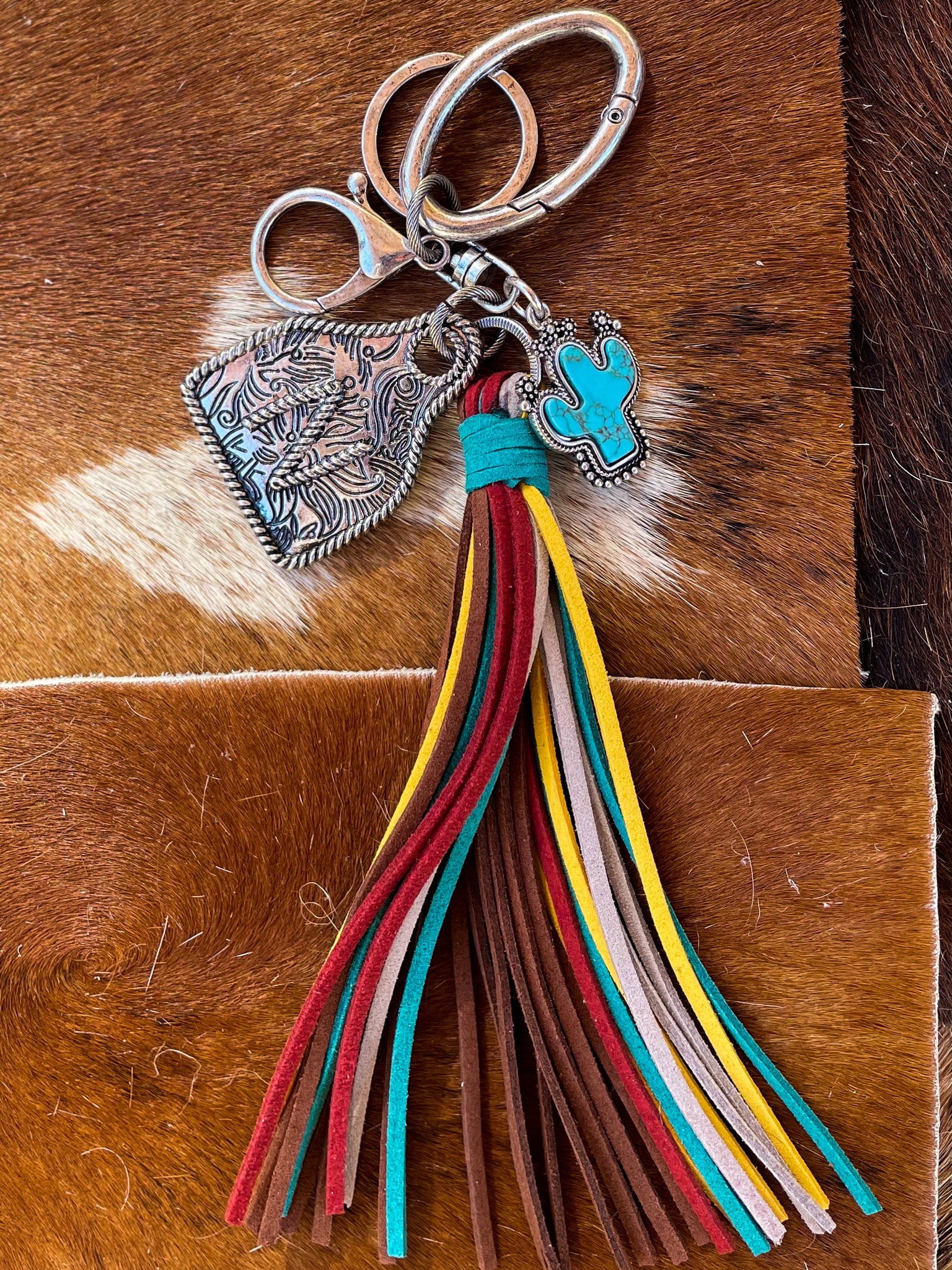 Initial Monogram Keychain/ Turquoise Charm/Initial Cattle Ear Tag Keychain/multi color tassel fringe keychain