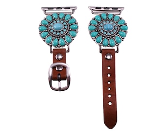 May include: A turquoise and silver watch band with a floral design. The band is made of leather and has a buckle closure.