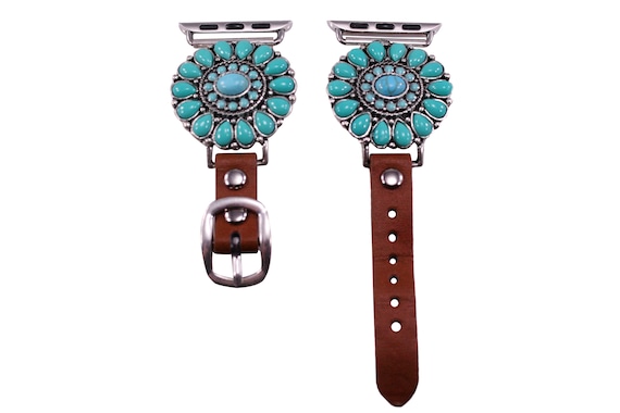 Turquoise Flower Genuine Leather Apple Watch Band - Size 38mm-41mm Amazon.com: 38mm, 40mm, 41mm compatible for Apple Watch  main image 3