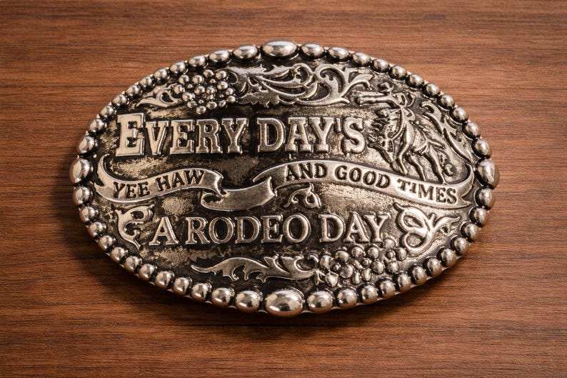 May include: Oval silver-colored belt buckle with the words "EVERY DAY'S A RODEO DAY" and "YEE HAW AND GOOD TIMES" in raised lettering. The buckle has a decorative border and is set against a wood grain background.