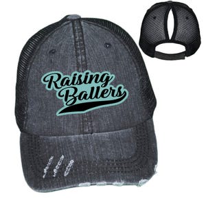 Raising Ballers Hat, Sports Mom Trucker Hat, Leather Patch Cap, Athletic Parent Gift, Baseball Mom Hat