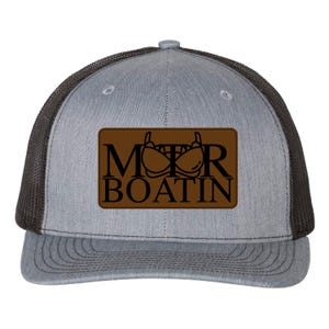 May include: A gray trucker hat with a black mesh back and a curved brim. The hat features a brown rectangular patch with the words "MOTOR BOATIN" in black, along with a boat graphic.