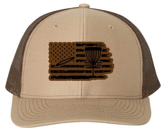 Disc Golf with Flag Hat, Richardson 112, Leather Patch Trucker Cap, USA Disc Golf Hat, Gift for Outdoorsmen, Capdaddy