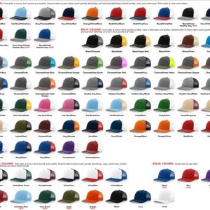 May include: A chart showing different color combinations for a trucker hat. The chart is divided into three sections: Tri-Colors, Split Colors, and Solid Colors. Each section shows a variety of color combinations for the hat, with the first color representing the front panels and eyelets, the second color representing the back mesh panels, backstrap, and stitching, and the third color representing the visor and button.