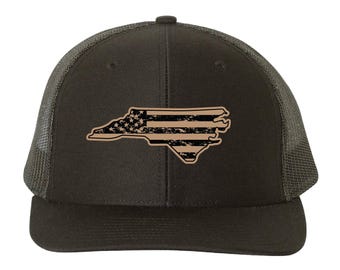 North Carolina US Flag Hat, Richardson 112, American Flag Cap, Patriotic Vegan Leather Patch Hat, North Carolinian Gift Cap, Capdaddy