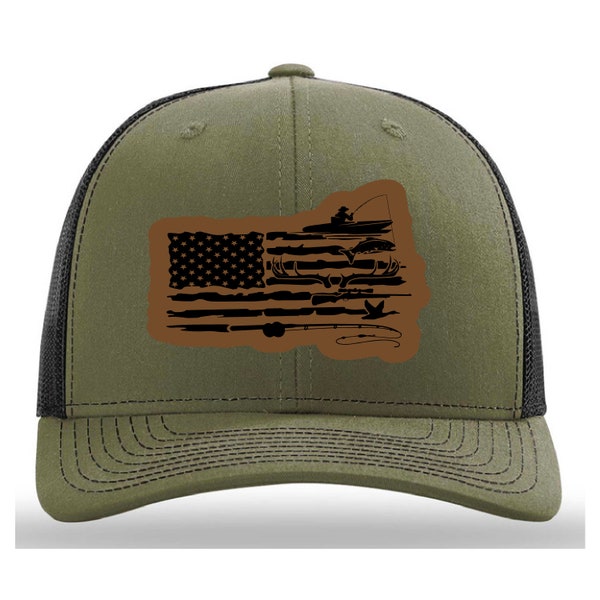 Hunting and Fishing Flag Leatherette Patch Hat, Hunting Flag Hat, Fishing Flag Hat, American Flag Hat, Cap Daddy, R112