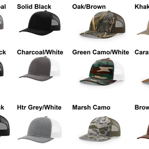 May include: Twelve different color combinations of a trucker hat with a mesh back. The hats are arranged in a grid of four rows and three columns. The hats are all the same style, but they have different colors and patterns. The colors include black, charcoal, white, brown, khaki, green, and camo.