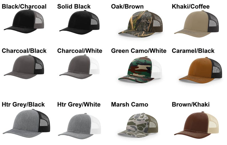 May include: Twelve different color combinations of a trucker hat with a mesh back. The hats are arranged in a grid of four rows and three columns. The hats are all the same style, but they have different colors and patterns. The colors include black, charcoal, white, brown, khaki, green, and camo.