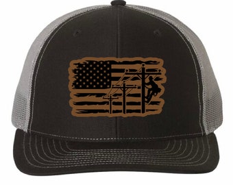 Lineman American Flag Cap, Leather Patch Hat, Journeyman Lineman Hat, Lineman Gift, Linewife, Lineman Hat, Power Lineman, Capdaddy