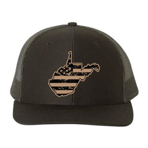 May include: A dark brown trucker hat featuring a distressed tan graphic of the state of West Virginia with a stylized American flag design. The hat has a mesh back and a curved brim.