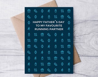 May include: A Father's Day card with a navy blue background and teal icons of running shoes, watches, gifts, and runners. The card reads "HAPPY FATHER'S DAY TO MY FAVOURITE RUNNING PARTNER" in white text. The card is inside a brown envelope.