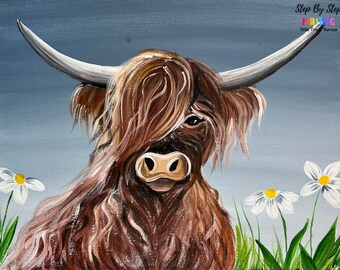 Highland Cow Acrylic Painting Tutorial - Digital Download - At Home Acrylic Painting Lesson
