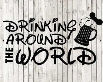 Puede incluir: Diseño gráfico en blanco y negro con el texto "Drinking Around the World" y una jarra de cerveza estilizada con un diseño de oreja de Mickey Mouse.