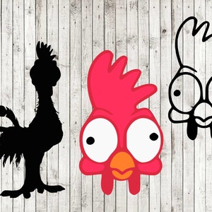 May include: Three cartoon chicken designs on a light wood background. The first is a black silhouette of a rooster. The second is a red chicken head with large eyes and an orange beak. The third is a black and white outline of a chicken head.