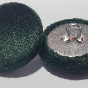 Könnte beinhalten: Zwei dunkelgrüne Samtknöpfe mit einem silbernen Stiel. Die Knöpfe sind rund und haben eine weiche, flauschige Textur.