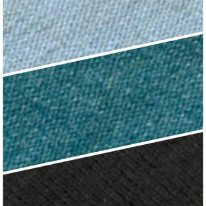 May include: Three fabric swatches in different shades of blue and black. The top swatch is a light blue denim, the middle swatch is a dark teal denim, and the bottom swatch is a solid black fabric.