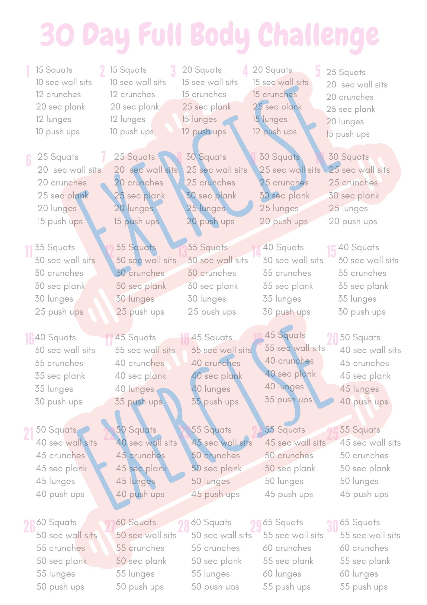 30 Days FULL BODY Workout Plan Print at Home Monthly Workout - Etsy