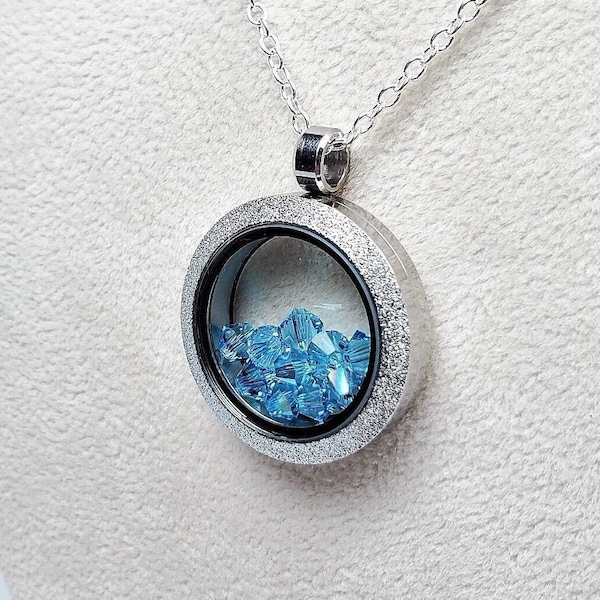 Aquamarine Crystal Locket Necklace, March Birthstone  Crystal Floating Glass Locket, Mom Birthday Gemstone Gift