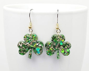 St. Patrick's Day Shamrock Earrings, Sparkling Glass Glitter Resin Dangles, Three-Leaf Clover, Good Luck Jewelry, Lucky Irish Holiday