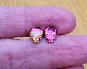 Rainbow Skull Tiny Stud Earrings, Rhinestone Glass Skull Post Earrings, Gothic Girl Jewelry, Dia de los Muertos Hypoallergenic Skull Jewelry