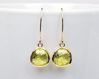 Peridot Earrings, August Birthstone Faceted GLASS Earrings For Women, Handmade Gold Filled Earrings, Wife Gift, August Bridal Earrings