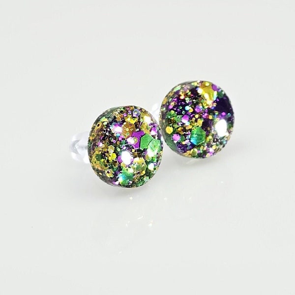 Mardi Gras Stud Earrings, 1/2 Inch Round Flat Glitter Resin Studs, Fat Tuesday, Shrove Tuesday, Carnival Tuesday, Pancake Tuesday Jewelry