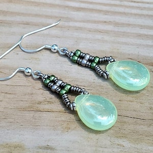 Peridot Beaded Glass Teardrop Earrings, August Birthstone, Czech Seed Bead Jewelry, Artisan Made Beaded Jewelry, Birthday Gift Ideas For Her